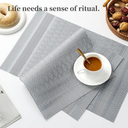 Leetaltree Lunar Grey Placemats Set of 6 - Heat Resistant Non-Slip Place mats for Dining Table, Washable Durable PVC Vinyl Woven Table Mats（Lunar Grey, 6）