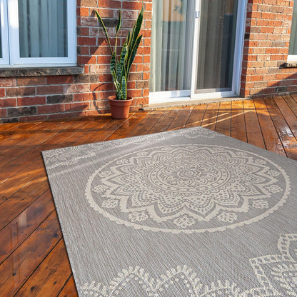 CAMILSON Outdoor Rug 6x9 Modern Area Rugs for Indoor and Outdoor Patios and Porches - Waterproof, Washable, Non-Shedding, Easy-to-Clean Outside Carpet (6 x 9, Medallion - Grey/White)