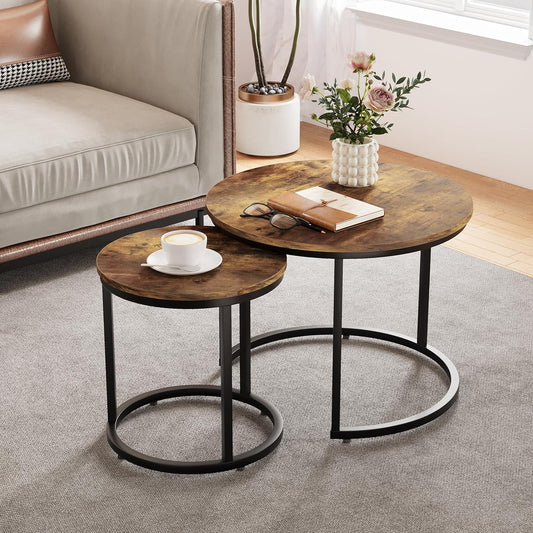Smuxee Nesting Coffee Table Set of 2, 23.6" Round Coffee Table Rustic Wood Top with Adjustable