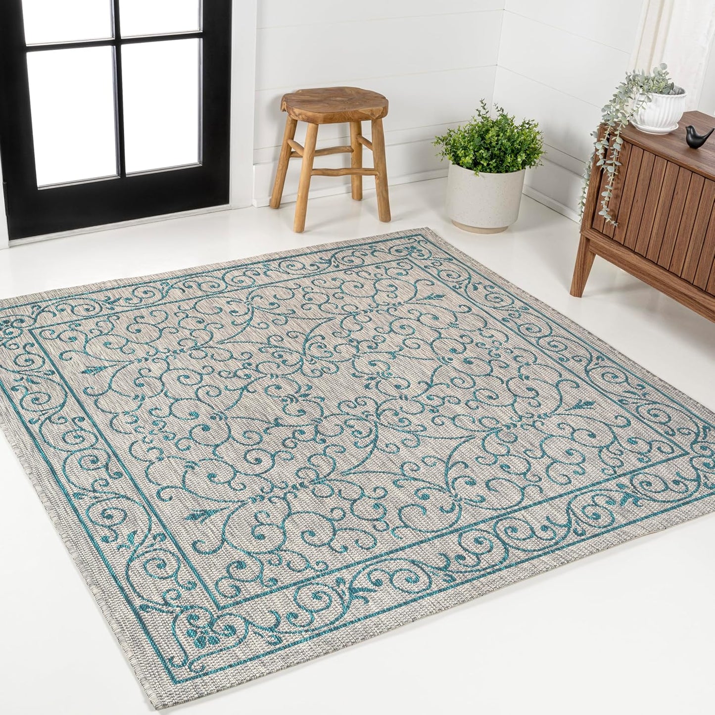 JONATHAN Y Vintage Filigree Indoor Outdoor Square Area Rug 6X6 Gray/Teal, Charleston Textured Weave for Backyard, Patio, Porch, Easy-Cleaning, High Traffic, Pet-Friendly, Non-Shedding (SMB106E-6SQ)