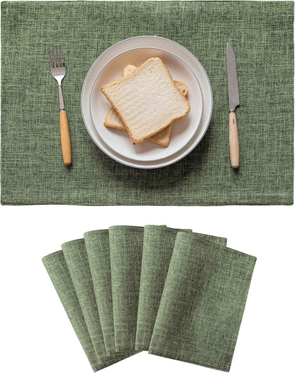 Home Brilliant Linen Cloth Placemats Set of 6 Heat Resistant Dining Table Place Mats Kitchen Washable Dining Mats for Dinner Decor, Green