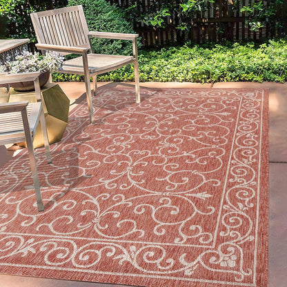 JONATHAN Y Vintage Filigree Indoor Outdoor Area Rug 8X10 Red/Beige, Charleston Textured Weave for Backyard, Patio, Porch, Easy-Cleaning, High Traffic, Pet-Friendly, Non-Shedding (SMB106B-8)