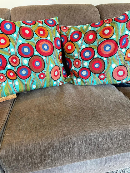 Floral Poppy Pillow Cover - Turquoise Suzani Poppies Accent Chair Cushion - 18x18 Inch Hand Embroidered Wool