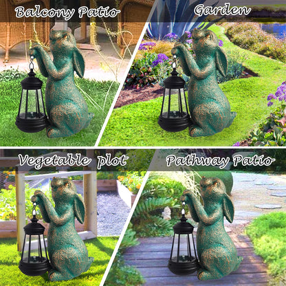 JOYBEE Garden Statues Rabbit with Solar Lantern Outdoor Decor-Rabbit Solar Figurines Lights Decorations for Patio Yard Lawn Ornaments-Gifts for Birthday Easter Housewarming