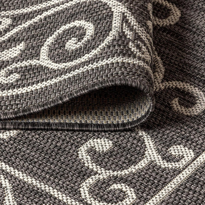 JONATHAN Y Vintage Filigree Indoor Outdoor Round Area Rug 5 Ft Black/Gray, Charleston Textured Weave for Backyard, Patio, Porch, Easy-Cleaning, High Traffic, Pet-Friendly, Non-Shedding (SMB106G-5R)