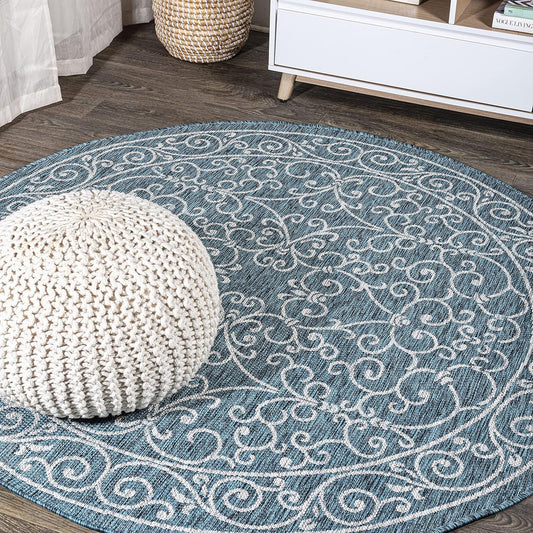JONATHAN Y Vintage Filigree Indoor Outdoor Round Area Rug 8 Ft Teal/Gray, Charleston Textured Weave for Backyard, Patio, Porch, Easy-Cleaning, High Traffic, Pet-Friendly, Non-Shedding (SMB106F-8R)