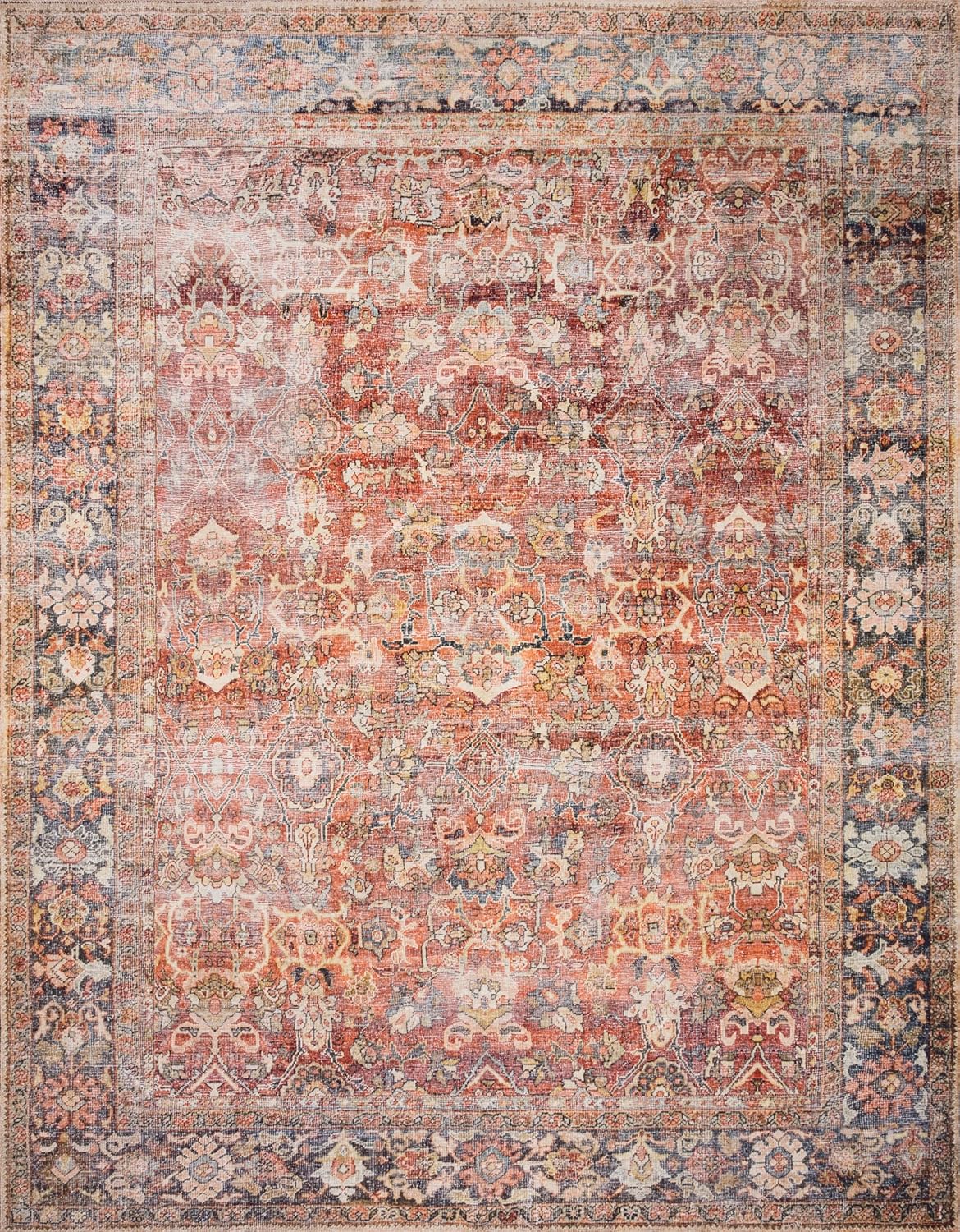 Loloi Layla Collection LAY-02 Spice/Marine 2'-6" x 9'-6" .13" Thick Runner Rug, Soft, Durable, Vintage Inspired, Distressed, Low Pile, Non-Shedding, Easy Clean, Printed, Living Room Rug