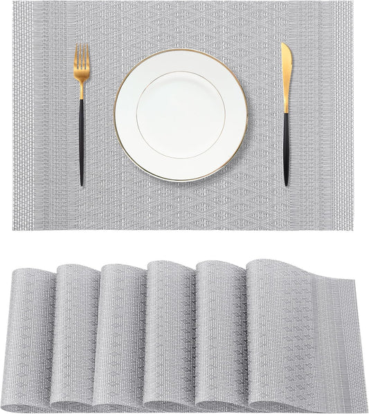 Leetaltree Lunar Grey Placemats Set of 6 - Heat Resistant Non-Slip Place mats for Dining Table, Washable Durable PVC Vinyl Woven Table Mats（Lunar Grey, 6）
