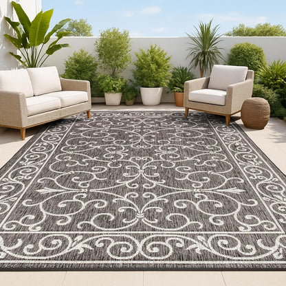 JONATHAN Y Vintage Filigree Indoor Outdoor Area Rug 8X10 Black/Gray, Charleston Textured Weave for Backyard, Patio, Porch, Easy-Cleaning, High Traffic, Pet-Friendly, Non-Shedding (SMB106G-8)