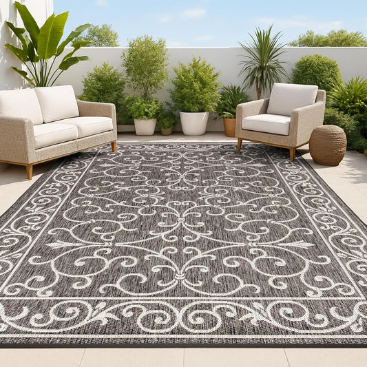 JONATHAN Y Vintage Filigree Indoor Outdoor Area Rug 4X6 Black/Gray, Charleston Textured Weave for Backyard, Patio, Porch, Easy-Cleaning, High Traffic, Pet-Friendly, Non-Shedding (SMB106G-4)
