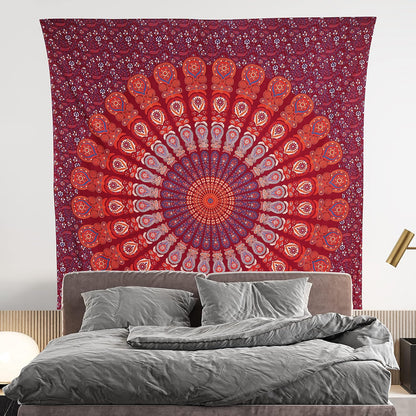 Bless International Handmade Indian hippie Bohemian Psychedelic Peacock Mandala Wall hanging College Dorm Beach Throws Table Cloth Bedding Tapestry (Blue Red, King(88x104Inches)(225x265Cms))