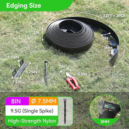 2" Tall 66ft No Dig Landscape Edging Border with 100PCS 8" Plastic Spikes & 6 PCS Connectors - Garden Lawn Edging Kit with a Shears for Landscaping, Lawn, Flower Beds and Yard