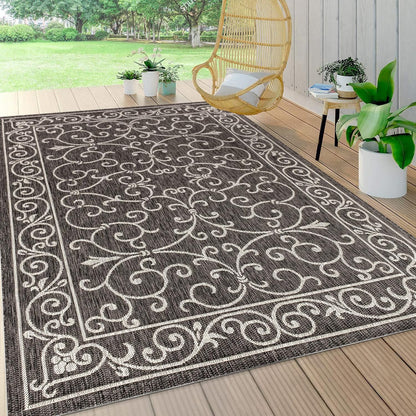JONATHAN Y Vintage Filigree Indoor Outdoor Area Rug 9X12 Black/Gray, Charleston Textured Weave for Backyard, Patio, Porch, Easy-Cleaning, High Traffic, Pet-Friendly, Non-Shedding (SMB106G-9)