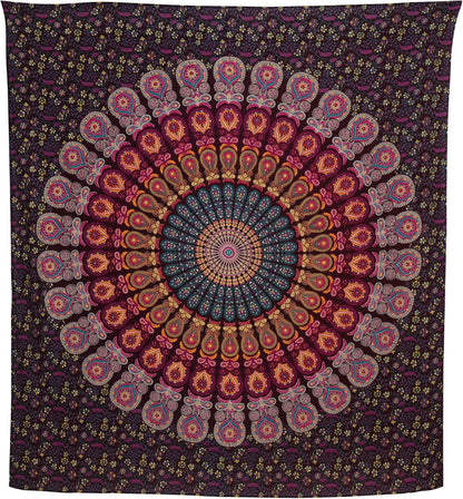 Bless International Handmade Indian hippie Bohemian Psychedelic Peacock Mandala Wall hanging College Dorm Beach Throws Table Cloth Bedding Tapestry (Golden Pink Blue, Queen(84x90Inches)(215x230Cms))