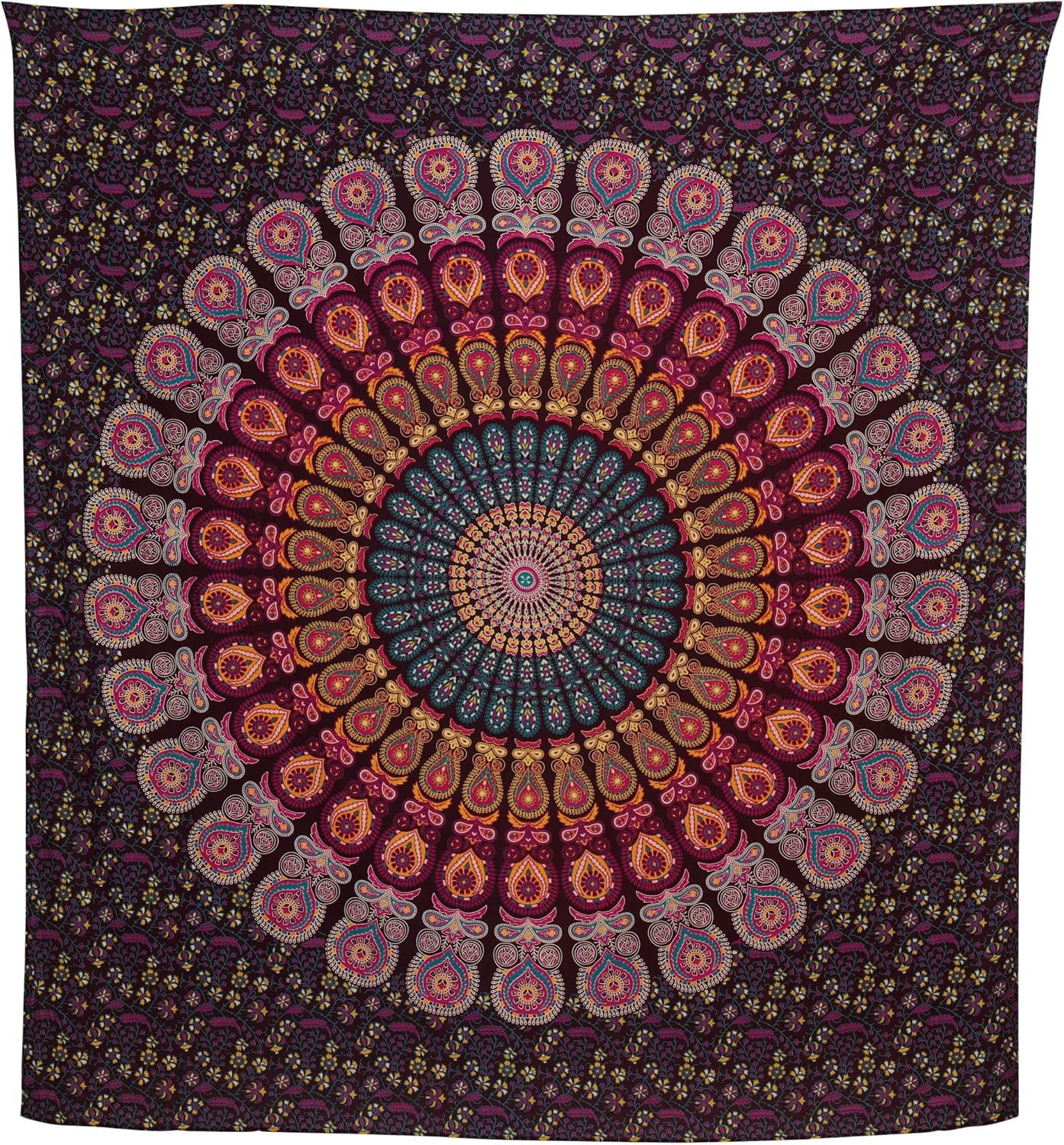 Bless International Handmade Indian hippie Bohemian Psychedelic Peacock Mandala Wall hanging College Dorm Beach Throws Table Cloth Bedding Tapestry (Golden Pink Blue, King(88x104Inches)(225x265Cms))