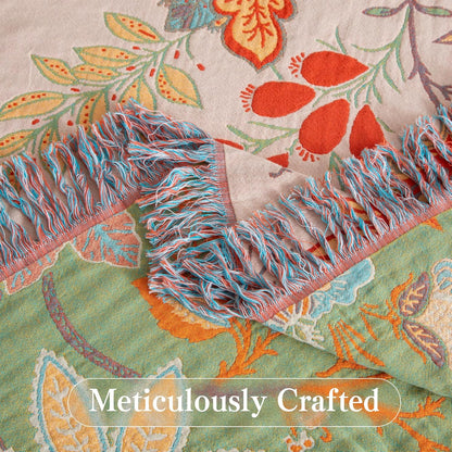 Boho Throw Blanket Twin Size, Soft Cozy Cotton Muslin Quilt Blanket for Bed Decor, Floral Patterned Couch Sofa Chair Cover, Vintage Farmhouse Cottage Tapestry Woven Blanket, Coral&Green